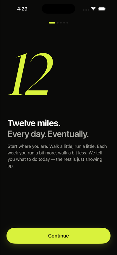 The Progress screen: current streak, run count, and a mile track toward twelve.